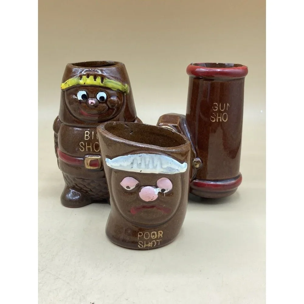 Vintage JAPANESE Red Ware Shot Glass Lot Gun Shot Big Shot Poor Shot LOT 3 READ